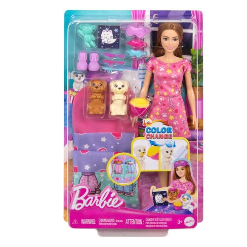 Muñeca Barbie Fiesta de Pijamas con Cachorros Cambian de Color 3a+