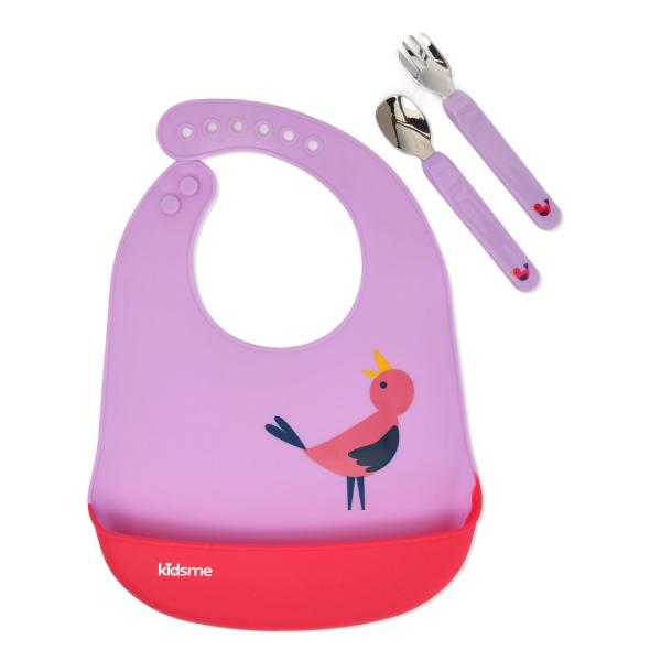 Set Babero, Cuchara y Tenedor Deluxe Fucsia 6m+