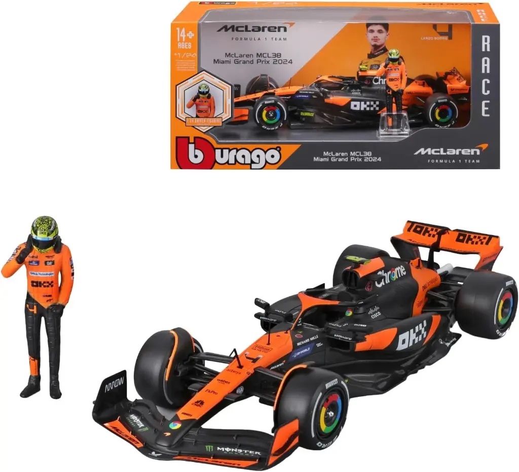 Carro Formula 1 Team Mclaren MCL38 Miami Grand Prix con Figura Esc 1/24 2024 Norris 4 14a+(280407)