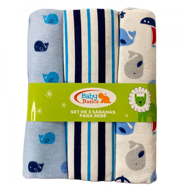 Baby Basics Juego de Sábanas para Bebé Set de 3 piezas (BallenaBarcoRayas)