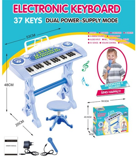 [WW32803A] Teclado Morado Electrónico con  Banquito y Micrófono 37Teclas 3a+ (441209)