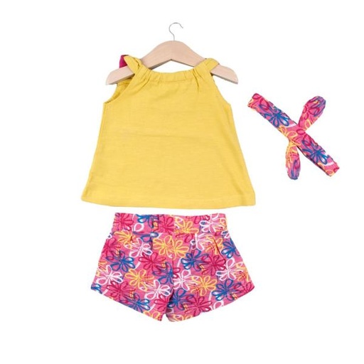 [BBL1310163M] Conjunto de 2 Piezas + Cinta  Blusa y Short Verde C/ Rosado Niña 6m