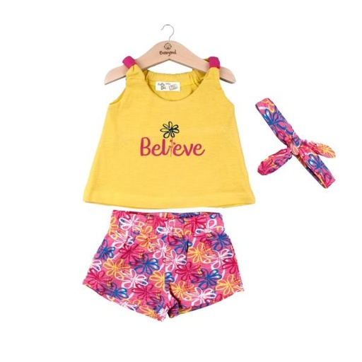[BBL1310166M] Conjunto de 2 Piezas + Cinta  Blusa y Short Verde C/ Rosado Niña 12m