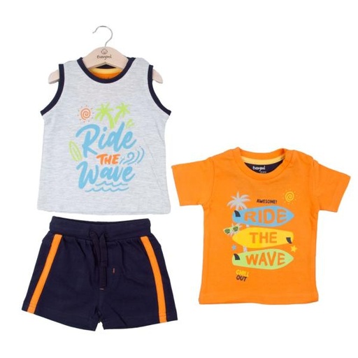 [BBL13220812M] Conjunto de 3 Piezas Camisa C/ Short Naranja C/ Azul 12m (619425)