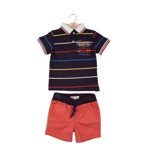 [BBL13268418M] Conjunto de 2 Piezas Camisa Tipo Polo C/ Short  Azul C/ Rojo 18m (626799)
