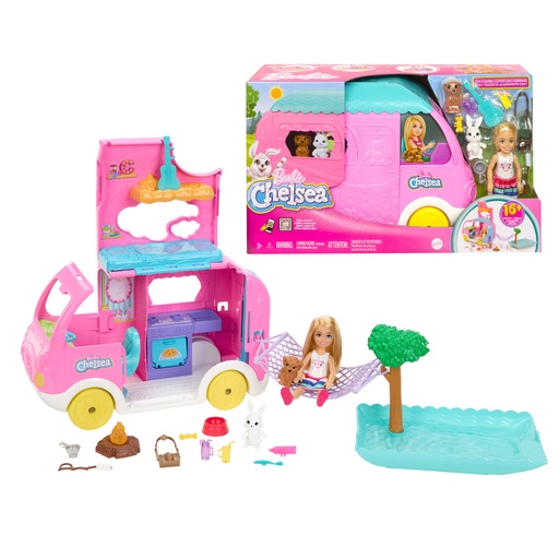 [MTHNH90] Barbie Chelsea Con Trailer de Acampamento 2en1 3a+
