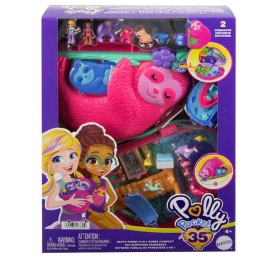 [MTHRD40] Polly Pocket Estuche de Bolso 2en1 Familia de Perezosos -4a+