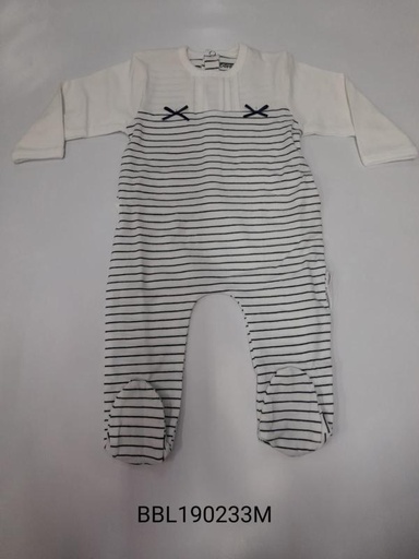 [BBL190233M] Mameluco Manga Larga Blanco Rayas Azules c/Lazos Caja de Regalo 3m