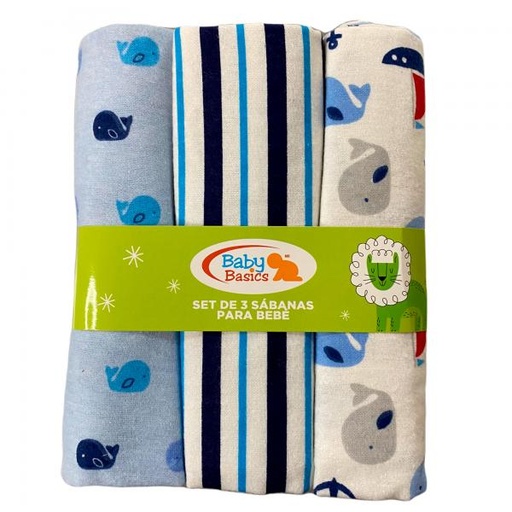 [FDBQ9106W] Baby Basics Juego de Sábanas para Bebé Set de 3 piezas (BallenaBarcoRayas)