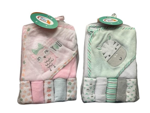 [FDBQ43427] Conjunto Toalla con Capucha y 5 Pañitos Bolsa de Regalo Surt/2 0-12m